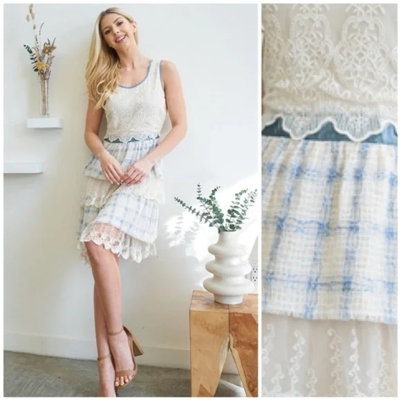 RYU Plaid embroidery lace ruffle cottagecore Cocktail Easter Dress spring summer - Picture 4 of 13